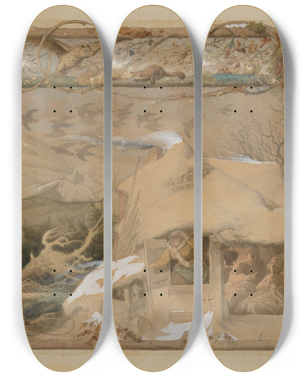 Triptych art skateboard deck of Adolf Schrdter  Jahreszeitenzyklus Der Winter by Adolf Schrodter (1805-1875)