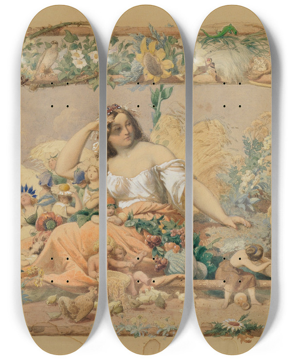 Triptych art skateboard deck of Adolf Schrdter  Jahreszeitenzyklus Der Sommer by Adolf Schrodter (1805-1875)