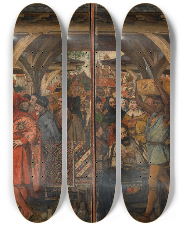 Triptych art skateboard deck of Albert Frans Lieven De Vriendt The Annual Fair by Albert Frans Lieven De Vriendt (1843-1900)
