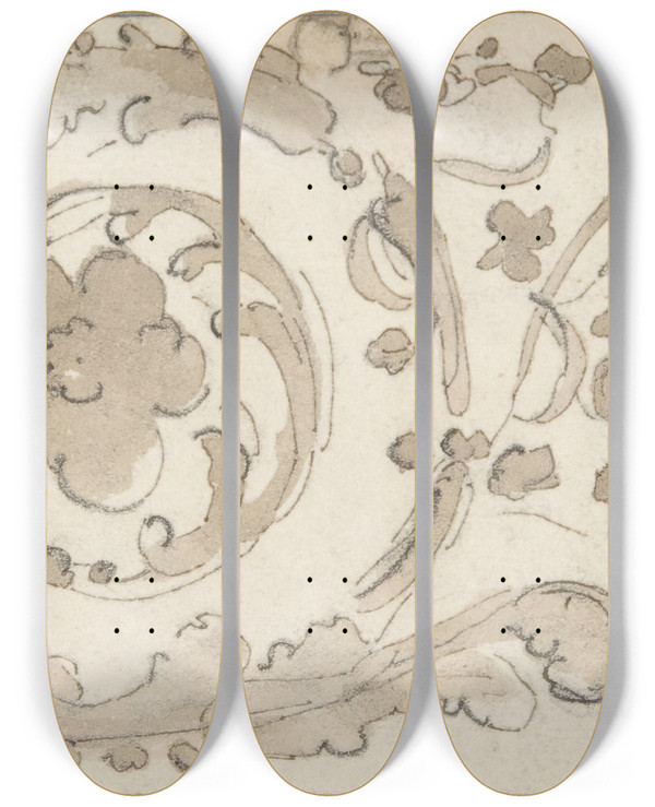 Triptych art skateboard deck of William Pitts Sketch Of Foliate Decoration by William Pitts (1790-1840)