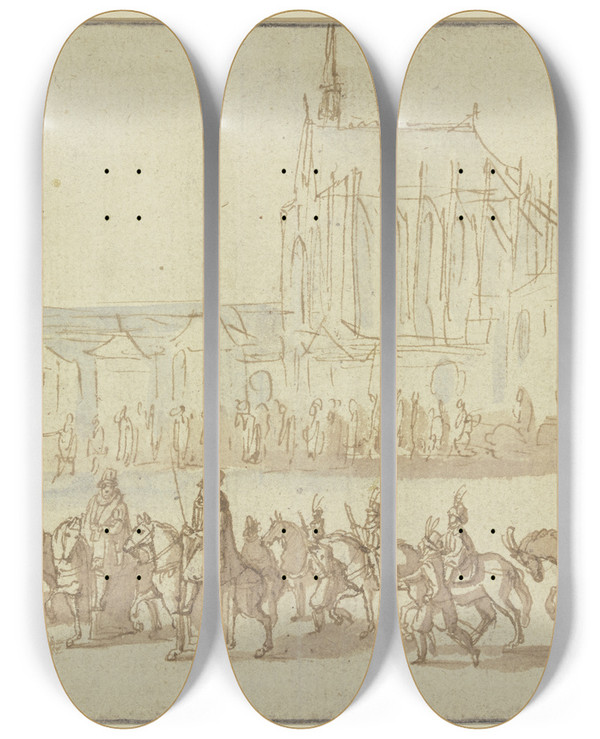 Triptych art skateboard deck of Augustin Braun Reiterzug Auf Einem Platz Im Hintergrund Der Klner Dom by Augustin Braun (1570-1639)
