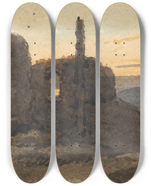 Triptych art skateboard deck of George Chinnery Temple By The Lake by George Chinnery (1774-1852)