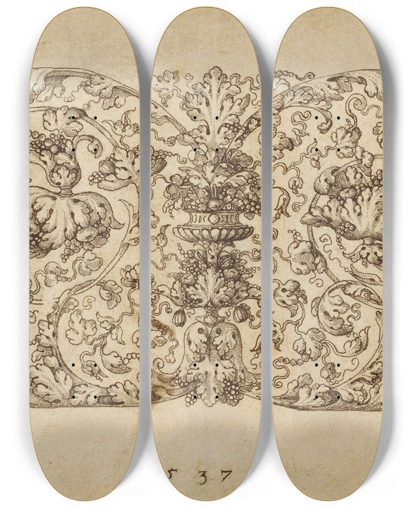 Triptych art skateboard deck of Virgil Solis Design For A Frieze Of Grapevines by Virgil Solis (1514-1562)