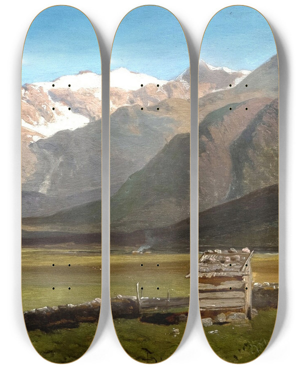 Triptych art skateboard deck of Albert Zimmermann Almhtten Auf Einer Ebene Mit Gebirgskette by Albert Zimmermann (1808-1888)