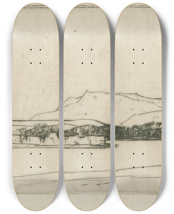 Triptych art skateboard deck of David Young Cameron Lochandorb by David Young Cameron (1865-1945)