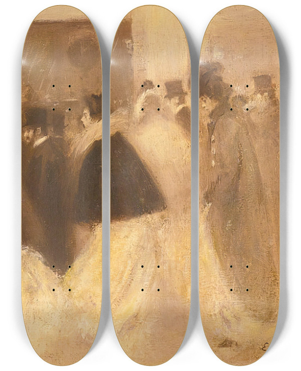 Triptych art skateboard deck of Eugne Carriere La Sortie Du Thtre by Eugene Carriere (1849-1906)