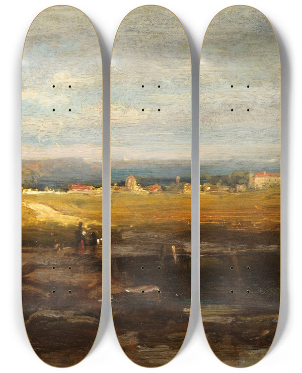 Triptych art skateboard deck of Carl Spitzweg Flachlandschaft Im Vorgebirge by Carl Spitzweg (1808-1880)