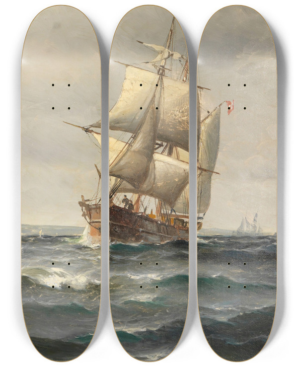 Triptych art skateboard deck of Vilhelm Bille Segelschiffe Vor Kopenhagen by Vilhelm Bille (1864-1908)