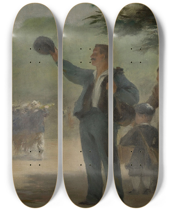 Triptych art skateboard deck of Rousselgo Le Midi by Roussel-Go (1860-1928)