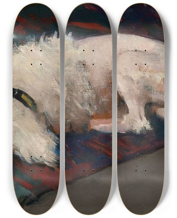 Triptych art skateboard deck of Jean Braud Le Caniche Blanc by Jean Beraud (1849-1935)