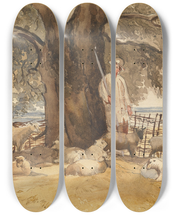 Triptych art skateboard deck of Arthur James Stark A Shepherd With Flock Beneath A Large Tree by Arthur James Stark