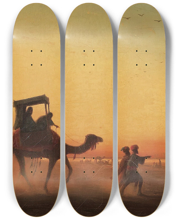 Triptych art skateboard deck of Charles Thodore Frre Caravane Au Coucher Du Soleil by Charles Theodore Frere (1814-1888)