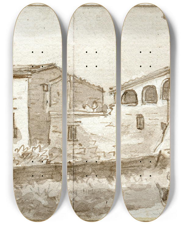 Triptych art skateboard deck of Otto Howen Gezicht In De Omgeving Van Gerona_6 by Otto Howen (1774-1848)