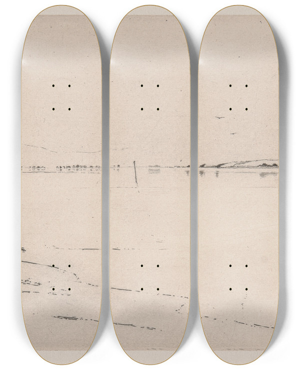 Triptych art skateboard deck of Sir Frank Short The Solway At Midday by Sir Frank Short (1857-1945)