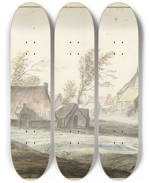 Triptych art skateboard deck of Antonie Waterloo Gezicht Op Het Dorp Soest by Antonie Waterloo (1609-1690)