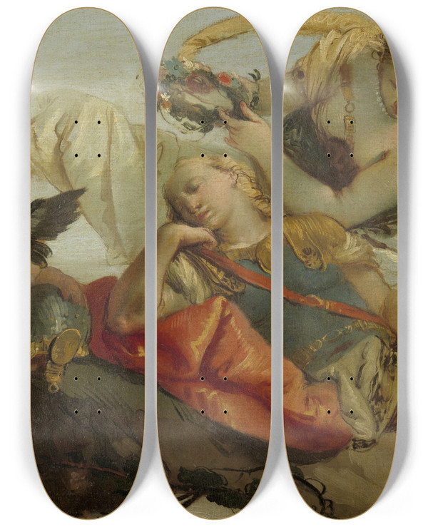 Triptych art skateboard deck of Francesco Zugno The Sleeping Rinaldo Crowned With Flowers By Armida by Francesco Zugno (1709-1787)
