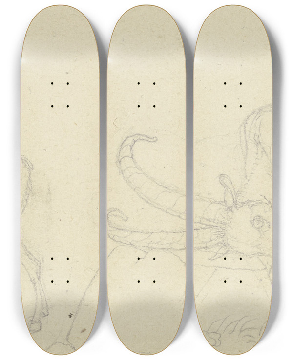 Triptych art skateboard deck of Franz Pforr Ein Hirsch Und Ein Steinbock Der Sich Reibt by Franz Pforr (1788-1812)