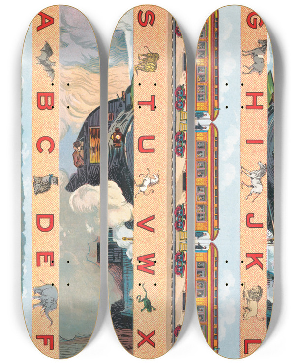 Triptych art skateboard deck of Mcloughlin Bros The Railroad A B C Blocks by Mcloughlin Bros (1858-1920)