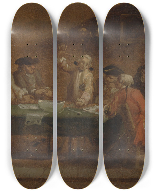Triptych art skateboard deck of Joseph Highmore Figures In A Tavern Or Coffee House by Joseph Highmore (1692-1780)