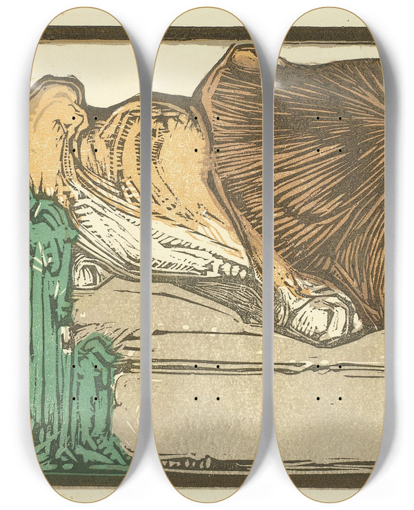 Triptych art skateboard deck of Bernard Willem Wierink Liggende Leeuw Bij Drie Cactussen by Bernard Willem Wierink (1856-1939)