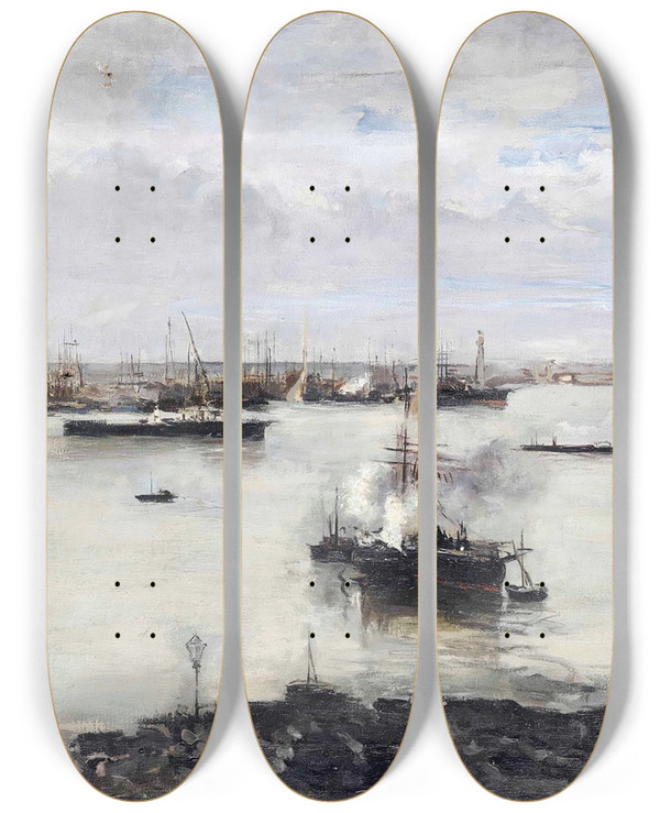 Triptych art skateboard deck of Pompeo Mariani Il Porto Di Genova by Pompeo Mariani (1857-1927)
