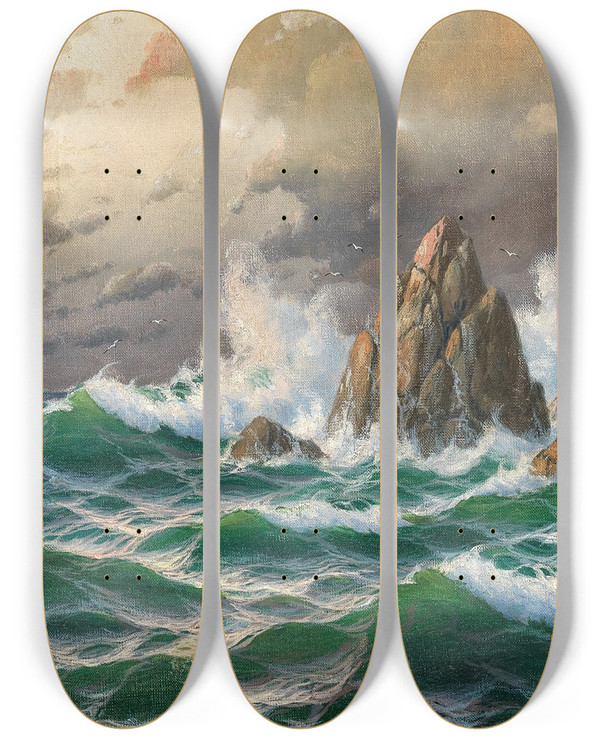 Triptych art skateboard deck of Max Jensen Breaking Waves With Lighthouse In Stormy Weather by Max Jensen (1860-1907)