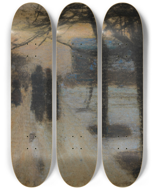 Triptych art skateboard deck of Gustav Kampmann Spaziergnger Auf Schneebedeckter Strasse Am Abend by Gustav Kampmann (1859-1917)