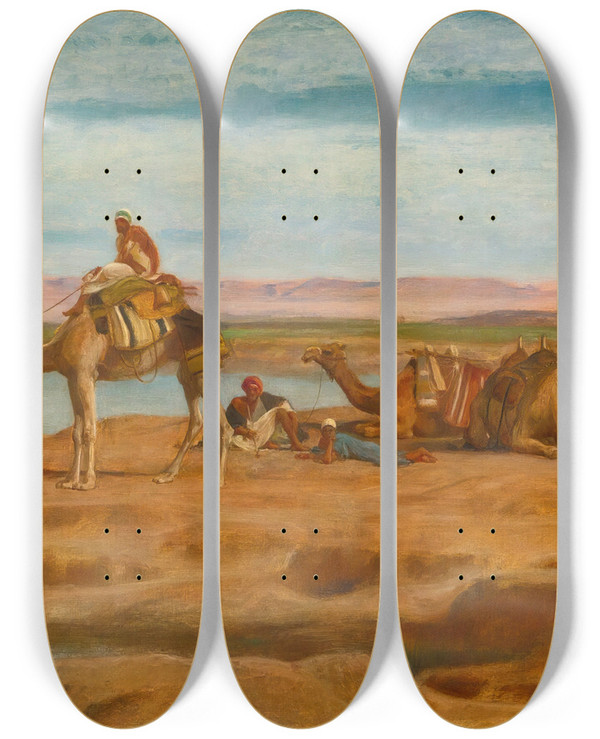 Triptych art skateboard deck of Frederick Goodall Waiting For The Dahabeah by Frederick Goodall (1822-1904)