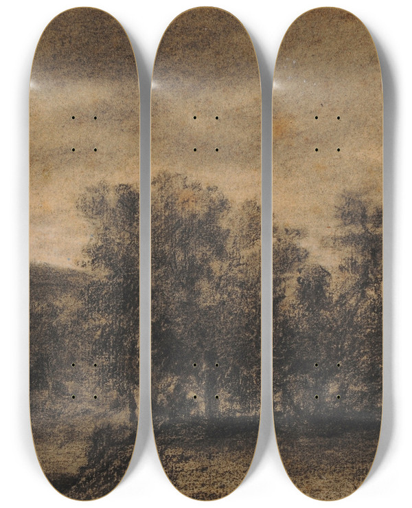 Triptych art skateboard deck of Thodore Rousseau Paysage Bois by Theodore Rousseau (1812-1867)