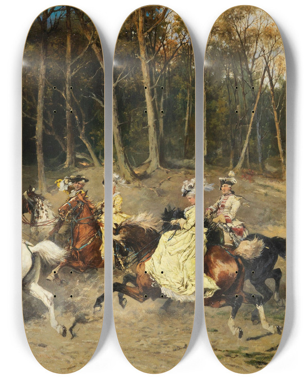 Triptych art skateboard deck of Jan Van Chelminski Parforcejagd by Jan Van Chelminski (1851-1925)
