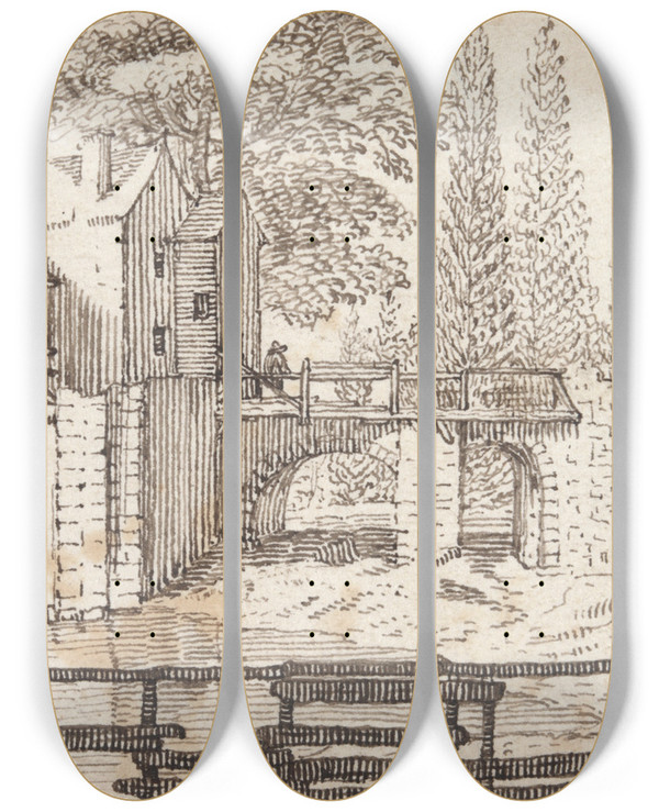 Triptych art skateboard deck of Jean Chaufourier Rustic Scene With Mill Andpond by Jean Chaufourier (1679-1757)