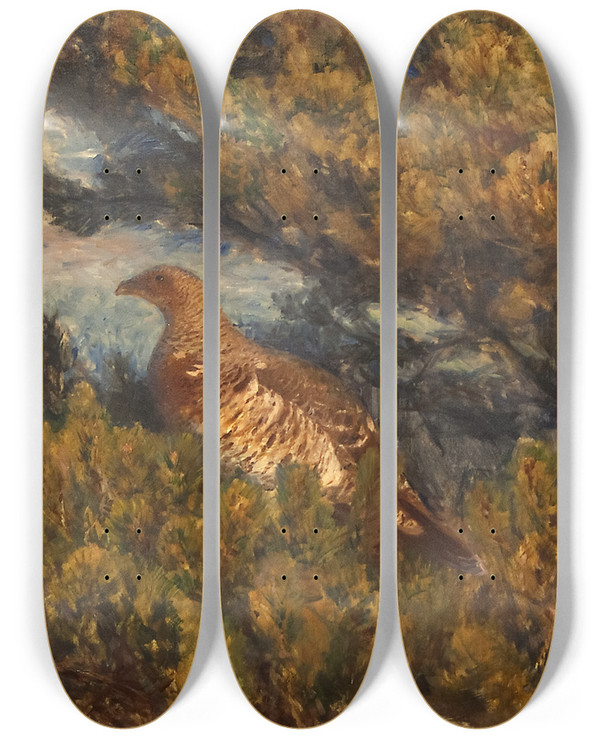 Triptych art skateboard deck of Bruno Liljefors Female Capercaillie by Bruno Liljefors (1860-1939)