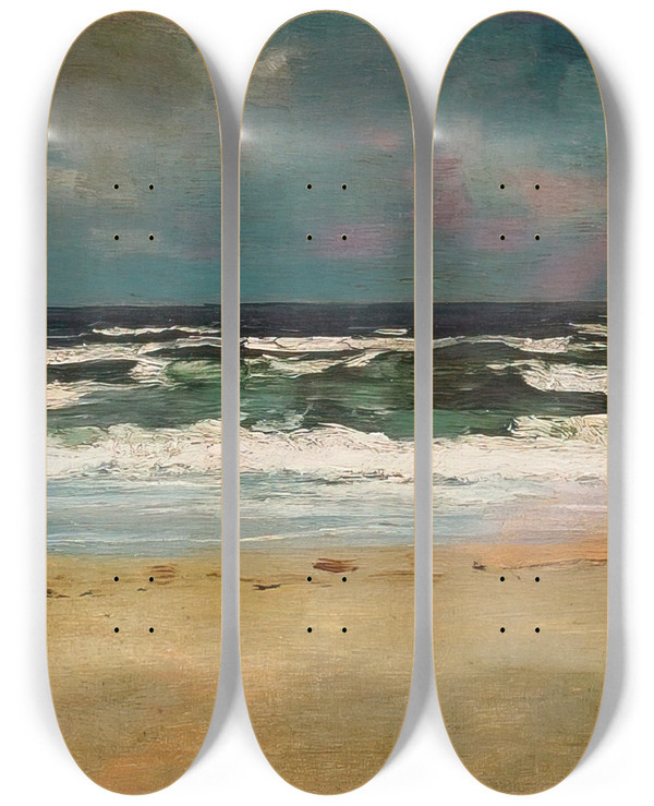 Triptych art skateboard deck of Winslow Homer Sandy Beach With Breakers by Winslow Homer (1836-1910)