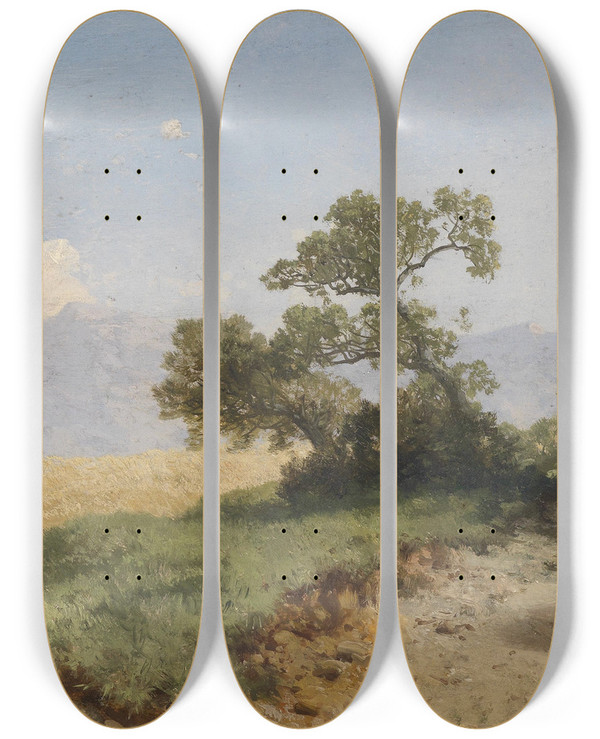 Triptych art skateboard deck of Albert Zimmermann Landschaft Mit Figrlicher Staffage by Albert Zimmermann (1808-1888)