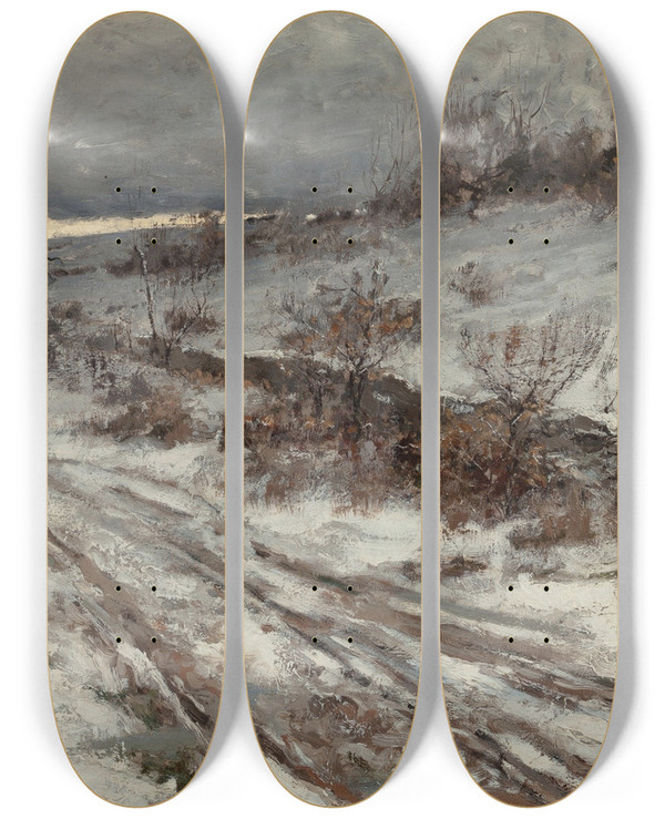 Triptych art skateboard deck of Bruce Crane A Winters Day by Bruce Crane (1857-1937)
