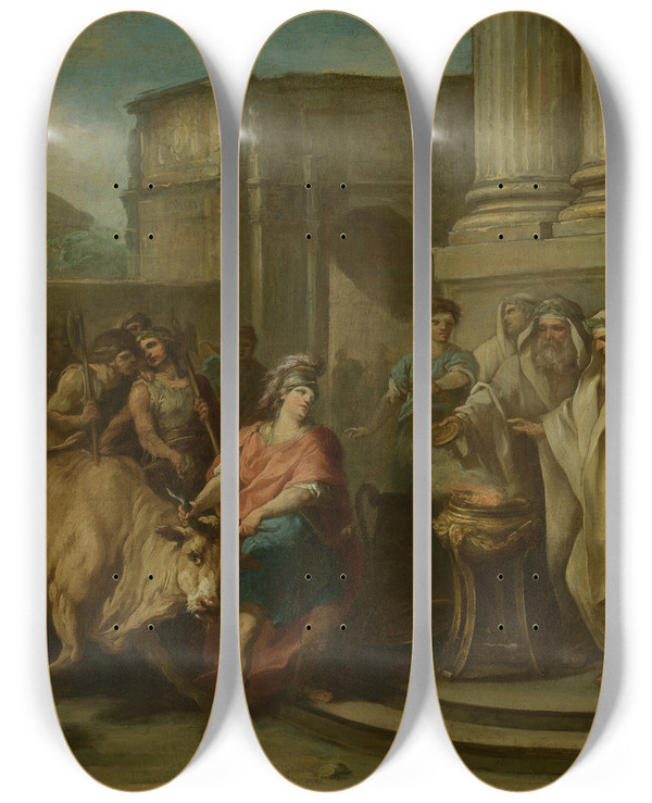 Triptych art skateboard deck of Charlesandr Van Loo Theseus Taming The Bull Of Marathon by Charles-Andr van Loo (1705-1765)