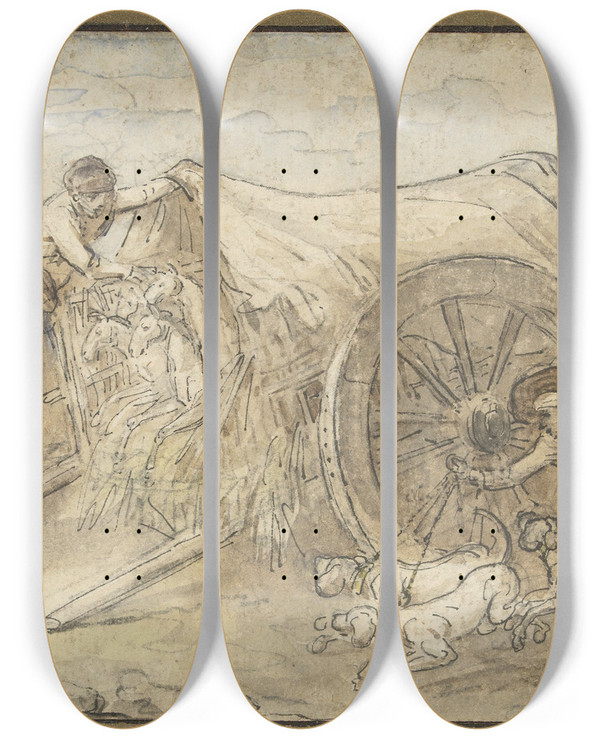 Triptych art skateboard deck of Hubert Robert Covered Wagon In The Campagna by Hubert Robert (1733-1808)