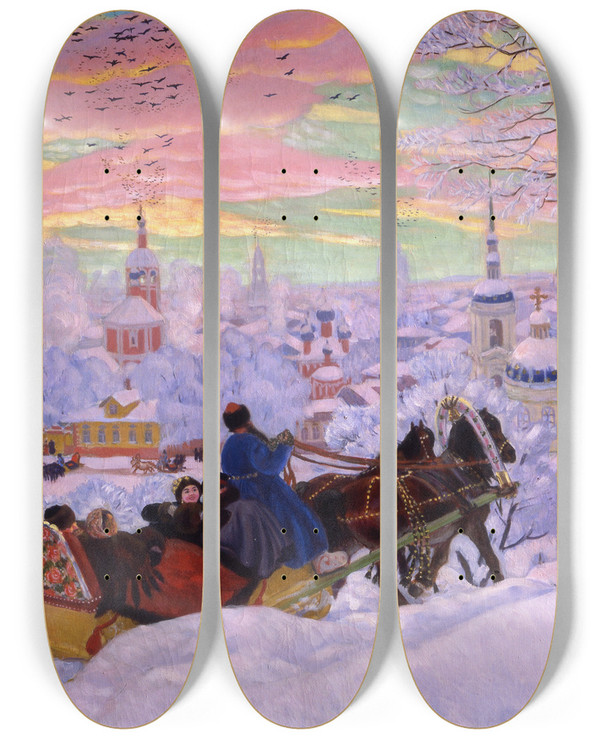 Triptych art skateboard deck of Boris Kustodiev Shrovetide by Boris Kustodiev (1878-1927)