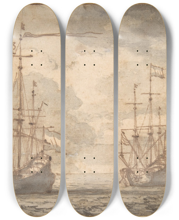Triptych art skateboard deck of Willem Van De Velde The Younger Dutch Ships At Anchor by Willem van de Velde the Younger (1633-1707)