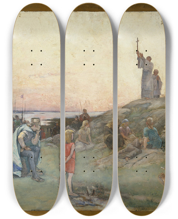Triptych art skateboard deck of Gustaf Cederstrm Ansgar Preaching Christianity by Gustaf Cederstrom (1845-1933)