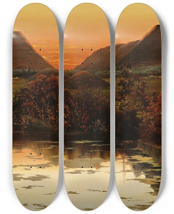 Triptych art skateboard deck of Ygnacio Alcrreca Y Comonfort Atardecercon Pirmides by Ygnacio Alcerreca Y Comonfort (1869-1939)
