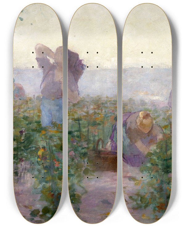 Triptych art skateboard deck of Victor Marec Esquisse Pour La Mairie De Bagnolet Les Vendanges by Victor Marec (1862-1920)