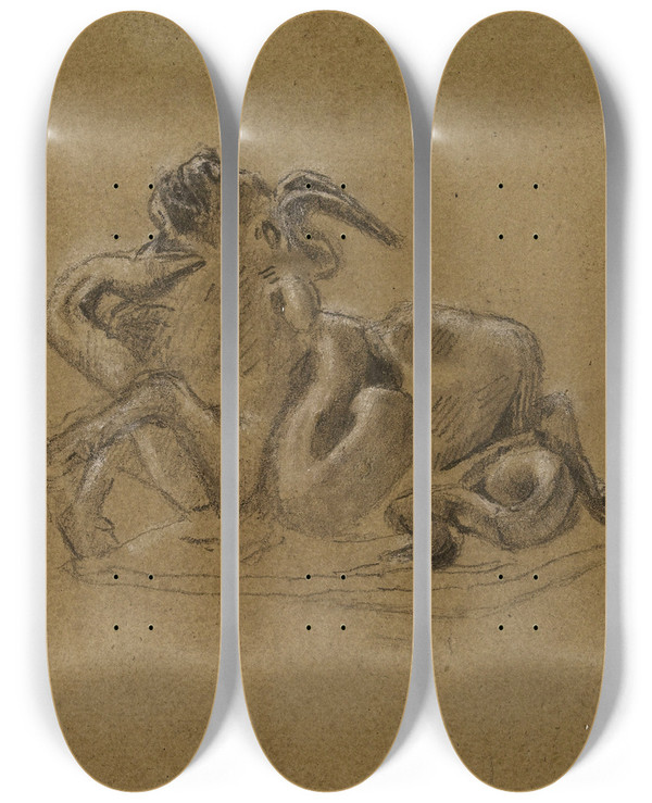 Triptych art skateboard deck of Antoinelouis Barye Python Et Gnou by Antoine-Louis Barye (1796-1875)