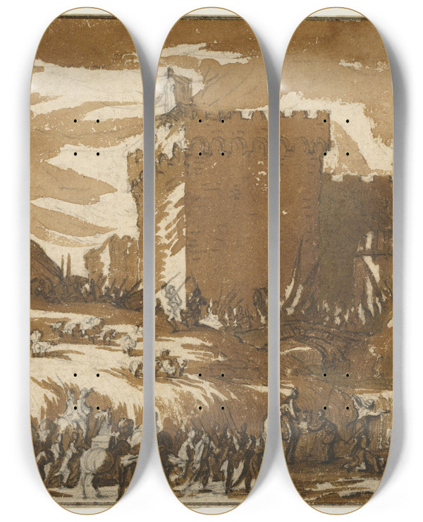 Triptych art skateboard deck of Jacques Callot An Army Leaving A Castle by Jacques Callot (1592-1635)