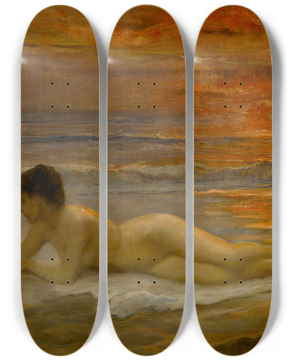 Triptych art skateboard deck of Frederick Arthur Bridgman Coucher De Soleil by Frederick Arthur Bridgman (1847-1928)