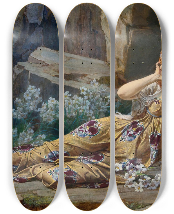 Triptych art skateboard deck of Talbot Hughes Echo by Talbot Hughes (1869-1942)