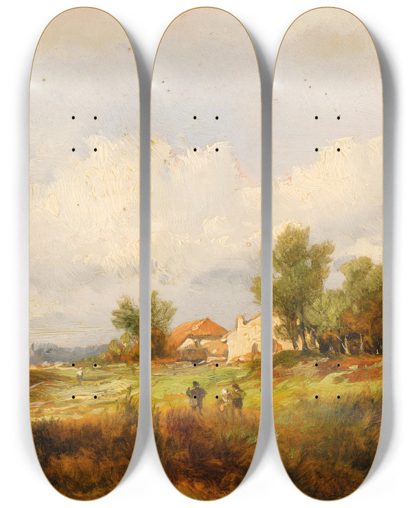 Triptych art skateboard deck of Remigius Adrianus Van Haanen Weite Landschaft Mit Heimkehrern by Remigius Adrianus Van Haanen (1812-1894)