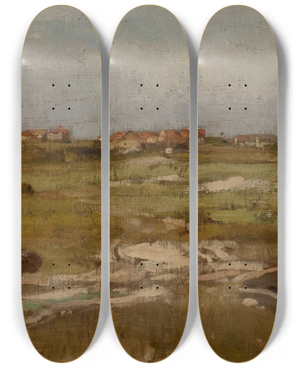 Triptych art skateboard deck of Dwight W Tryon Marsh Landscape by Dwight W. Tryon (1849-1925)