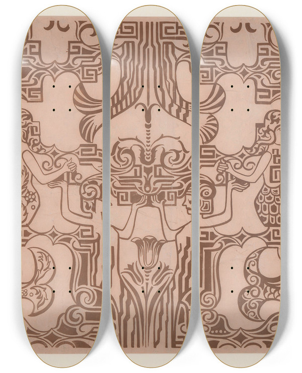 Triptych art skateboard deck of Carel Adolph Lion Cachet Ontwerp Voor Geschoren Trijpvak Vullingen En Stoelbekleding Van Ss Johan De Witzeemeerminnen by Carel Adolph Lion Cachet (1864-1945)