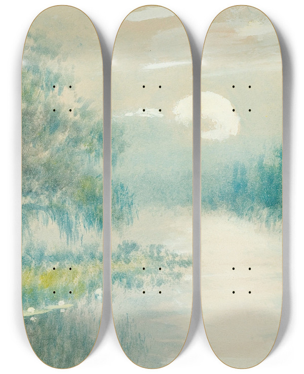Triptych art skateboard deck of Alexander John Drysdale Marsh Landscape by Alexander John Drysdale (1870-1934)
